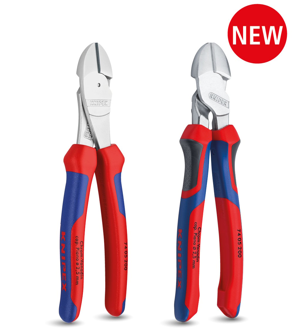 The image shows the old version of the KNIPEX 74 200 high leverage diagonal cutter (left) and the new, optimised version of the KNIPEX 72 200 high leverage diagonal cutter (right).